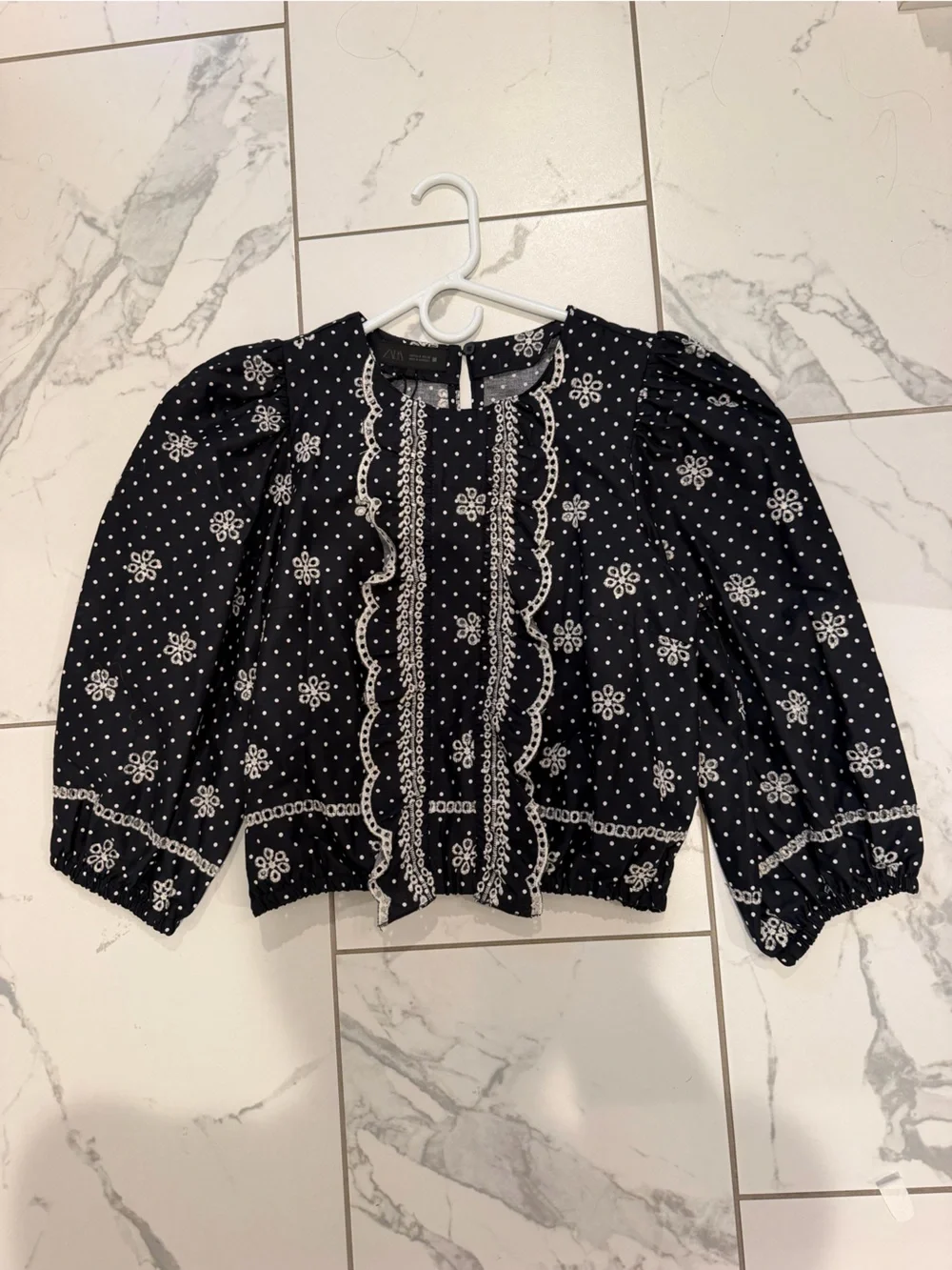 Zara Blue and White Ruffle Trim Polka Dot Blouse